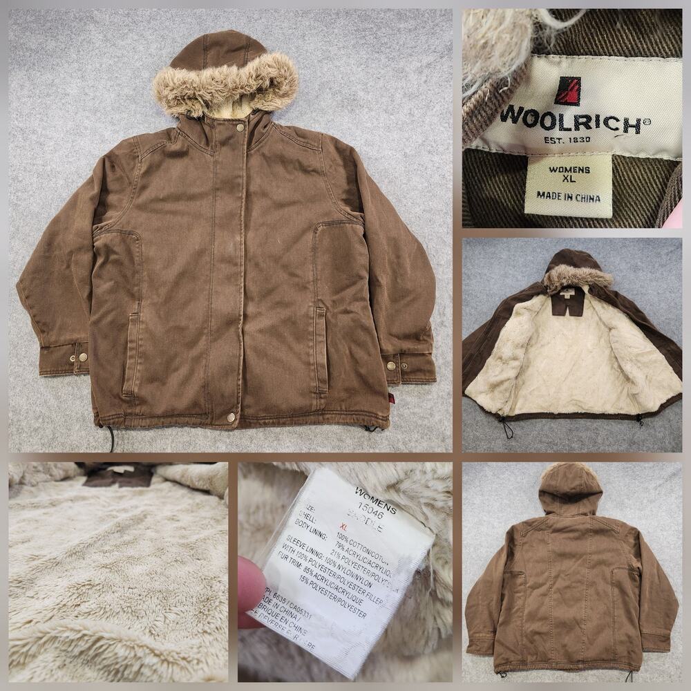Woolrich Jacket Womens XL Brown‎ Hooded Faux Fur Lined Parka Winter Coat Warm